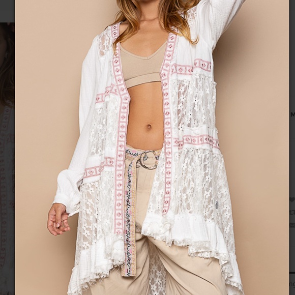 POL Lace Cardigan Women’s Cover Up Open Shirt Lace and Ruffle Contrast Boho #S25 - Picture 9 of 12